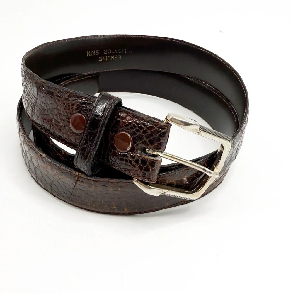 Genuine Alligator Brown Leather Belt with Silver Cable Buckle, Size 42